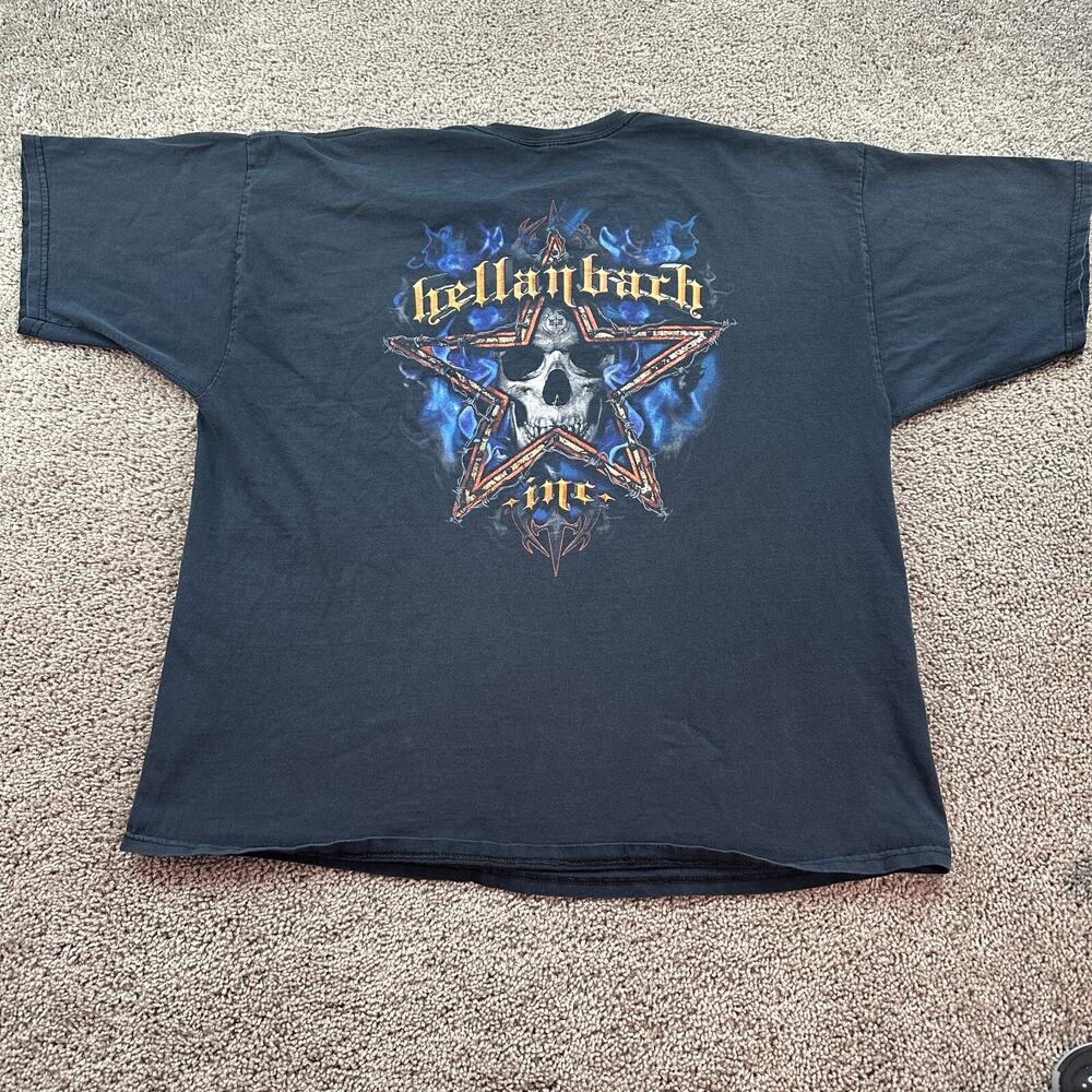 VINTAGE Hellanbach Shirt Mens 3XL Black Blue Skulls Barbed Wire Grunge READ